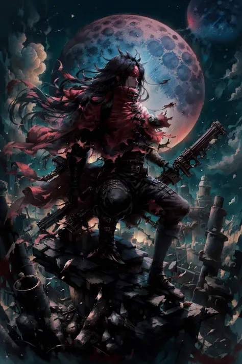 absurdres, ultra detailed, 1boy, <lora:VincentValentineV1:1>, long black hair, red eyes, red cloak, red headband, holding weapon, revolver, torn cloth, squatting on a roof, moon, starry sky
