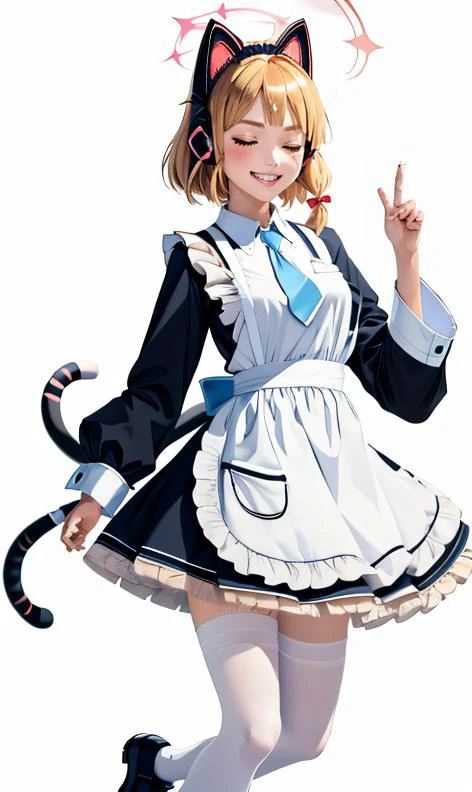 white background, momoi \(blue archive\), white pantyhose, headphones, dress, long sleeves, closed eyes, pantyhose, shirt, v, cat tail, black footwear, shadow, sparkle, tail, animal ears, double v, mary janes, fake animal ears, halo, long hair, smile, grin, blonde hair, frills, animal ear headphones, no hair bow, shoes, simple background, apron, solo, fang, maid apron, frilled dress, 1girl, blue ribbon, ribbon, frilled apron, collared shirt, blush, black dress, maid headdress <lora:momoi1-000007:1> momoirnd <lora:loraPeaceSign_v03:0.4> peace, sign