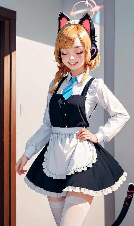 white background, momoi \(blue archive\), white pantyhose, headphones, dress, long sleeves, closed eyes, pantyhose, shirt, v, cat tail, black footwear, shadow, sparkle, tail, animal ears, double v, mary janes, fake animal ears, halo, long hair, smile, grin, blonde hair, frills, animal ear headphones, no hair bow, shoes, simple background, apron, solo, fang, maid apron, frilled dress, 1girl, blue ribbon, ribbon, frilled apron, collared shirt, blush, black dress, maid headdress  <lora:momoi1-000007:1> momoirnd <lora:loraPeaceSign_v03:0.4> peace, sign