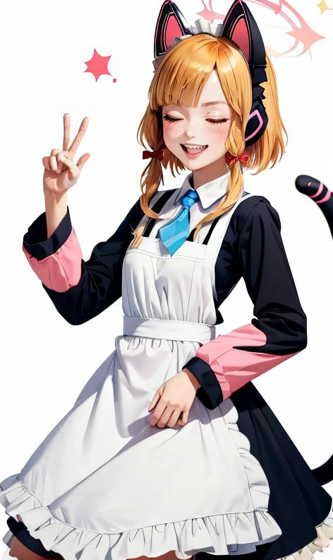 white background, momoi \(blue archive\), white pantyhose, headphones, dress, long sleeves, closed eyes, pantyhose, shirt, v, cat tail, black footwear, shadow, sparkle, tail, animal ears, double v, mary janes, fake animal ears, halo, long hair, smile, grin, blonde hair, frills, animal ear headphones, no hair bow, shoes, simple background, apron, solo, fang, maid apron, frilled dress, 1girl, blue ribbon, ribbon, frilled apron, collared shirt, blush, black dress, maid headdress <lora:momoi1-000007:1> momoirnd <lora:loraPeaceSign_v03:0.4> peace, sign