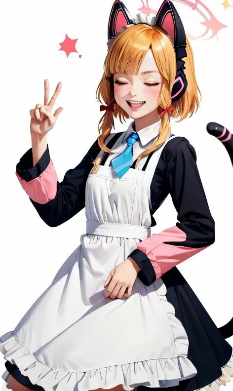 white background, momoi \(blue archive\), white pantyhose, headphones, dress, long sleeves, closed eyes, pantyhose, shirt, v, cat tail, black footwear, shadow, sparkle, tail, animal ears, double v, mary janes, fake animal ears, halo, long hair, smile, grin, blonde hair, frills, animal ear headphones, no hair bow, shoes, simple background, apron, solo, fang, maid apron, frilled dress, 1girl, blue ribbon, ribbon, frilled apron, collared shirt, blush, black dress, maid headdress  <lora:momoi1-000007:1> momoirnd <lora:loraPeaceSign_v03:0.4> peace, sign