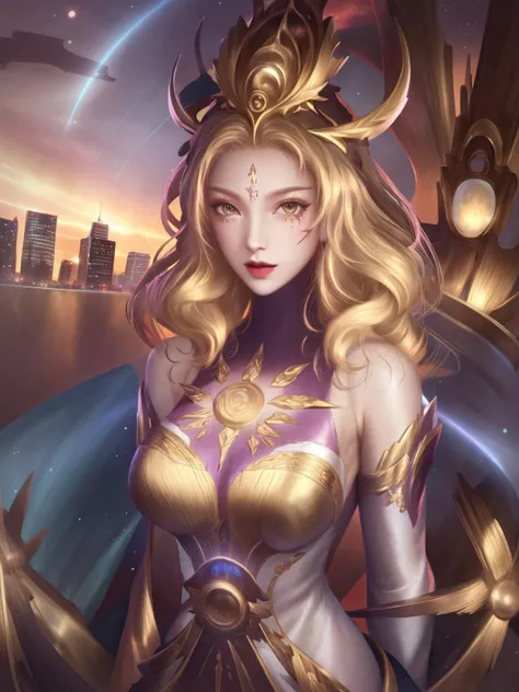 1girl, mature female, hair ornament, cityscape, night, lake, forehead mark, upper body, dress,long sleeves, arms behind back, <lora:wuzetiannikesi_20230705195816-000012:0.8>,