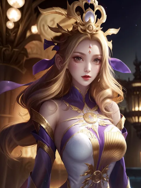 <lora:wuzetianNIKESIV_20230709214713:0.7>,1girl, mature female, hair ornament, cityscape, night, lake, forehead mark, upper body, dress,long sleeves, arms behind back,