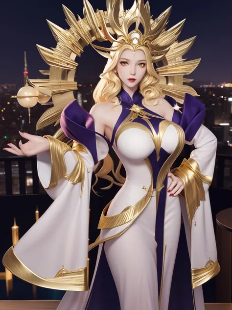 WZRYwuzetianNKSSY, 1girl, solo,white dress, breasts, jewelry, long hair, blonde hair, makeup, gold,yellow eyes, headgear,long sleeves,wide sleeves,drill hair, <lora:WZRYwuzetianNKSSY:0.8>,cityscape, night, looking at viewer, mature female, pool, hand on hip, cowboy shot,