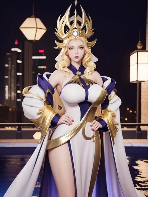 WZRYwuzetianNKSSY, 1girl, solo,white dress, breasts, jewelry, long hair, blonde hair, makeup, gold,yellow eyes, headgear,long sleeves,wide sleeves,drill hair, <lora:WZRYwuzetianNKSSY:0.8>,cityscape, night, looking at viewer, mature female, pool, hand on hip, cowboy shot,