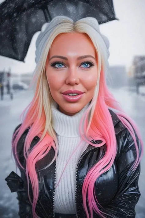 professional portrait photograph of a gorgeous (tarab-8000) in winter clothing with big wavy hair, updo, ((sultry flirty smirk)), freckles, beautiful symmetrical face, full pink glossy lips, cute natural makeup, wearing elegant winter fashion clothing, ((standing outside in snowy city street)), stunning modern urban upscale environment, ultra realistic, concept art, elegant, highly detailed, intricate, sharp focus, depth of field, f/1. 8, 85mm, medium shot, mid shot, isometric, ((bright soft diffused light)), volumetric fog, trending on instagram, trending on tumblr, hdr 4k, 8k