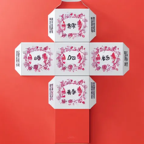 2d packaging design with flower pattern, Chinese character, English, text