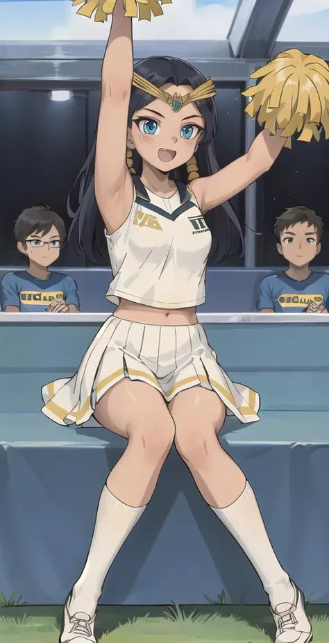 II, 1girl, solo, hair tubes, head circlet, sitting with crowd, cheerleader outfit, pom poms, crowd, soccer game, happy, cheering, arms up, perfect quality, good quality, masterpiece, HDR, UHD <lora:Ishizu Ishtar-000003:0.7>