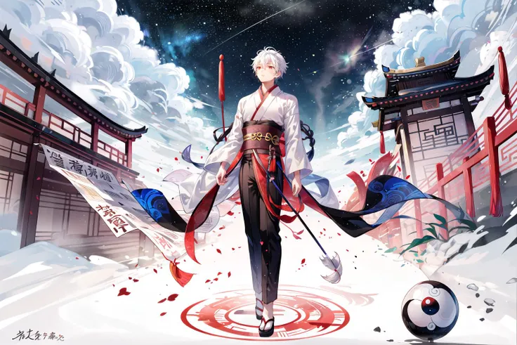 1 boy with white hair, young boy, chinese temple courtyard, looking up at the sky, astrolabe, skygazing, divination, taoism, yin yang symbol, silk robes starry sky, bagua trigram, full body shot, ancient china, <lora:DW-000008:0.2> <lora:LAS:0.4> <lora:more_details:0.4> <lora:wyy-000009:0.5> wyy_style