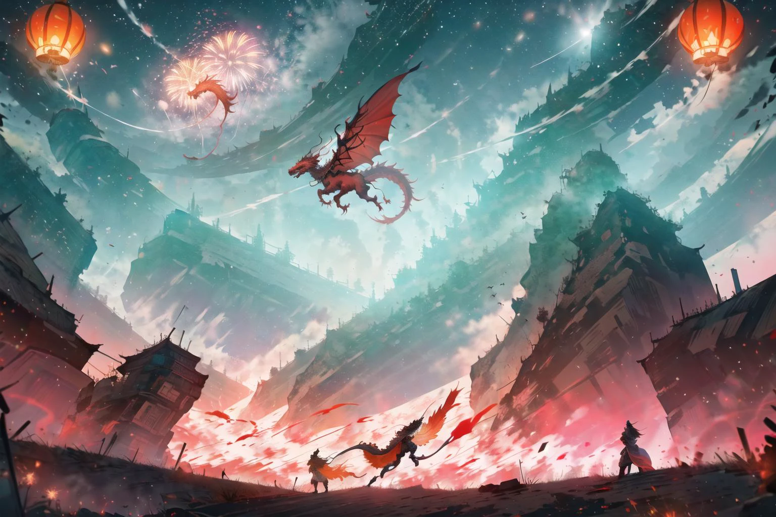 red dragon, year of the dragon, lunar new year, chinese silk robes, Chinese New Year, celestial flying red dragon soaring through the air, festival, chinese lanterns, text 2024, (fireworks:1.5), firecrackers <lora:DW-000008:0.3> <lora:LAS:0.5> masterpiece,<lora:add_detail:0.6>, <lora:ChineseDragon_v02:0.3> <lora:Chinese dragon:0.3> <lora:wyy:0.6> wyy_style <lora:æ¦ä¾ V1:0.4>