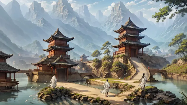 Zhou Dynasty, Chinese Emperor, palace, stone walkway, 2 males holding spears, white silk robes, masterpiece, full body shot, feather fan bridge, chinese pagoda and buildings, <lora:æ¦ä¾ V1:0.6>, <lora:LAS:0.4>, <lora:wyy-000009:0.6> wyy_style, <lora:add_detail:0.6>