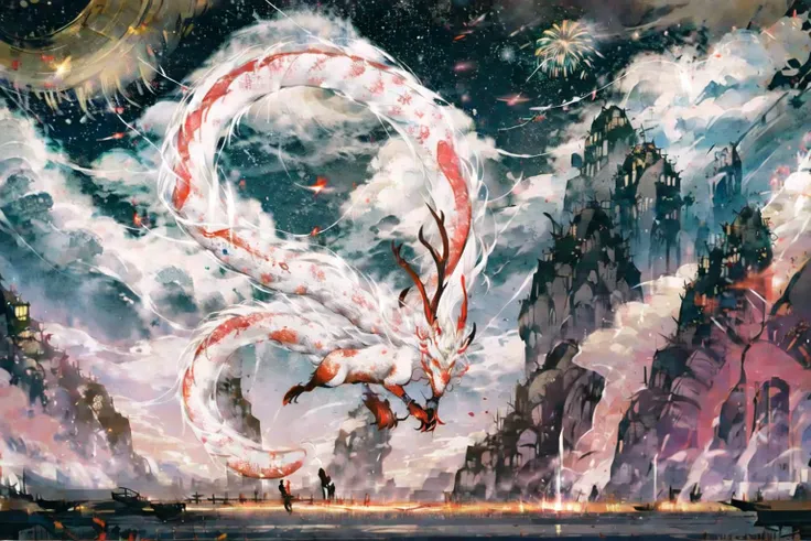 year of the dragon, Chinese dragon, lunar new year, chinese silk robes, Chinese New Year, celestial flying dragon soaring through the air, festival, chinese lanterns, text 2024, (fireworks:1.5), firecrackers <lora:DW-000008:0.3> <lora:LAS:0.5> masterpiece,<lora:add_detail:0.6>, <lora:wyy:0.6> wyy_style <lora:æ¦ä¾ V1:0.4> <lora:祥é¾20230414ç:0.7>