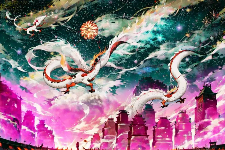 year of the dragon, lunar new year, chinese silk robes, Chinese New Year, (celestial flying dragon soaring through the air:1.3), festival, chinese lanterns, text 2024, (fireworks:1.5), firecrackers <lora:DW-000008:0.3> <lora:LAS:0.5> masterpiece,<lora:add_detail:0.6>, <lora:wyy:0.6> wyy_style <lora:æ¦ä¾ V1:0.4> <lora:祥é¾20230414ç:0.5>