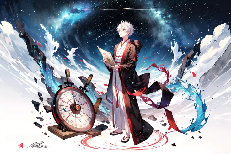 1 boy with white hair, young boy, looking up at the sky, astrolabe, skygazing, divination, taoism, yin yang symbol, silk robes starry sky, bagua trigram, full body shot, ancient china, <lora:DW-000008:0.2> <lora:LAS:0.4> <lora:more_details:0.4> <lora:wyy-000009:0.5> wyy_style