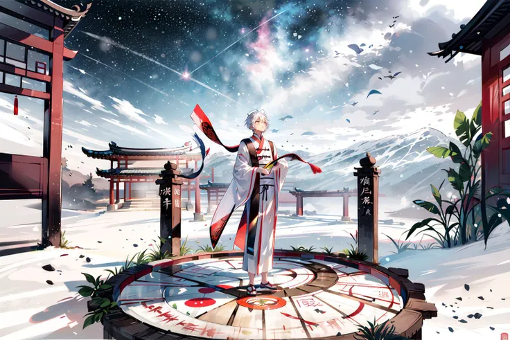 1 boy with white hair, young boy, chinese temple courtyard, looking up at the sky, astrolabe, skygazing, divination, taoism, yin yang symbol, silk robes starry sky, bagua trigram, full body shot, ancient china, <lora:DW-000008:0.2> <lora:LAS:0.4> <lora:more_details:0.4> <lora:wyy-000009:0.5> wyy_style