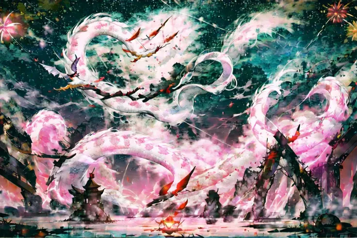 year of the dragon, Chinese dragon, lunar new year, chinese silk robes, Chinese New Year, (celestial flying dragon soaring through the air:1.3), festival, chinese lanterns, text 2024, (fireworks:1.5), firecrackers <lora:DW-000008:0.3> <lora:LAS:0.5> masterpiece,<lora:add_detail:0.6>, <lora:wyy:0.6> wyy_style <lora:æ¦ä¾ V1:0.4> <lora:祥é¾20230414ç:0.7>