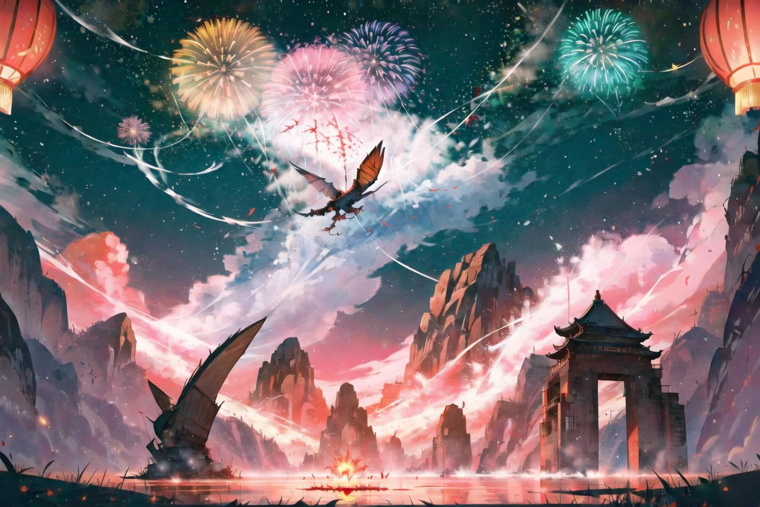 year of the dragon, Chinese dragon, lunar new year, chinese silk robes, Chinese New Year, celestial flying dragon soaring through the air, festival, chinese lanterns, text 2024, (fireworks:1.5), firecrackers <lora:DW-000008:0.3> <lora:LAS:0.5> masterpiece,<lora:add_detail:0.6>, <lora:wyy:0.6> wyy_style <lora:æ¦ä¾ V1:0.4> <lora:祥é¾20230414ç:0.3>