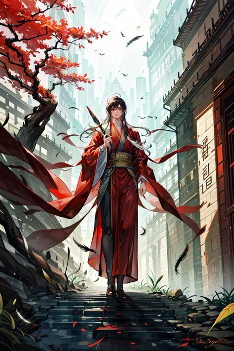 Zhou Dynasty, Chinese Emperor, palace, stone walkway with trees, (young man holding a vintage feather fan wearing dark red silk robes:1.3), masterpiece, bridge, chinese pagoda and buildings, <lora:æ¦ä¾ V1:0.6>, <lora:LAS:0.4>, <lora:add_detail:0.6> <lora:DW:0.2> <lora:wyy-000009:0.3> wyy_style