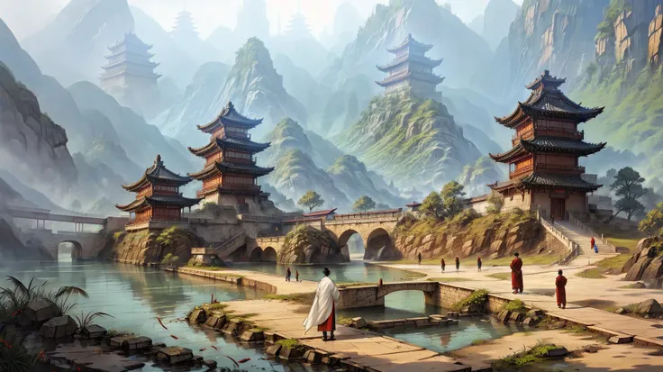 Zhou Dynasty, Chinese Emperor, palace, stone walkway, 2 males holding spears, white silk robes, masterpiece, full body shot, feather fan bridge, chinese pagoda and buildings, <lora:æ¦ä¾ V1:0.6>, <lora:LAS:0.4>, <lora:wyy-000009:0.6> wyy_style, <lora:add_detail:0.6>