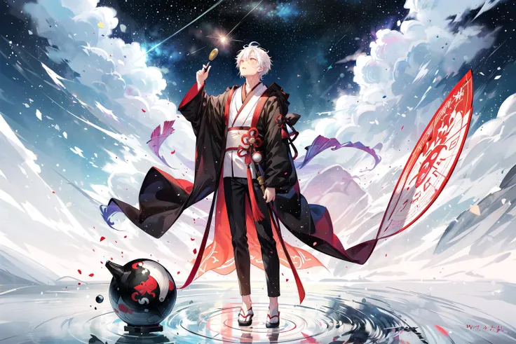 1 boy with white hair, young boy, looking up at the sky, astrolabe, skygazing, divination, taoism, yin yang symbol, silk robes starry sky, bagua trigram, full body shot, ancient china, <lora:DW-000008:0.2> <lora:LAS:0.4> <lora:more_details:0.4> <lora:wyy-000009:0.5> wyy_style