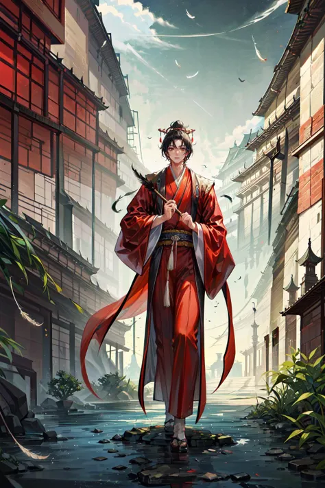 Zhou Dynasty, Chinese Emperor, palace, stone walkway with trees, (young man holding a vintage feather fan wearing dark red silk robes:1.3), masterpiece, bridge, chinese pagoda and buildings, <lora:æ¦ä¾ V1:0.6>, <lora:LAS:0.4>, <lora:add_detail:0.6> <lora:DW:0.2> <lora:wyy-000009:0.3> wyy_style