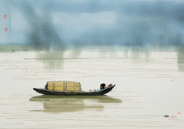 wyy style, A painting about the scenery of spring scenery, there is a small boat in the river. A person wearing a raincoat is sitting in the boat,wgz_style