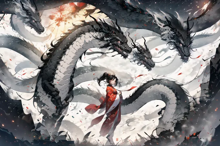 year of the dragon, lunar new year, chinese silk robes, Chinese New Year, celestial flying dragon soaring through the air, festival, chinese lanterns, text 2024, (fireworks:1.5), firecrackers <lora:DW-000008:0.3> <lora:LAS:0.5> masterpiece,<lora:add_detail:0.6>, <lora:20230524172014:0.6>, <lora:ChineseDragon_v02:0.3> <lora:Chinese dragon:0.3> <lora:wyy:0.6> wyy_style <lora:æ¦ä¾ V1:0.4>