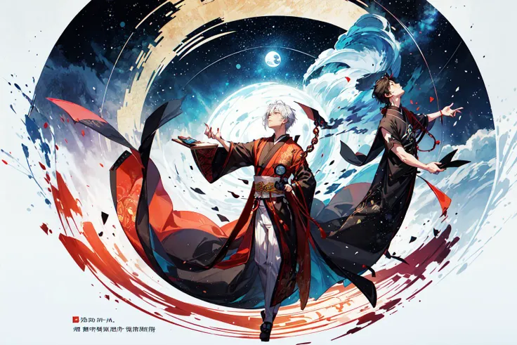 1 boy with white hair, young boy, chinese temple courtyard, looking up at the sky, astrolabe, skygazing, divination, taoism, yin yang symbol, silk robes starry sky, bagua trigram, full body shot, ancient china, <lora:DW-000008:0.2> <lora:LAS:0.4> <lora:more_details:0.4> <lora:wyy-000009:0.5> wyy_style