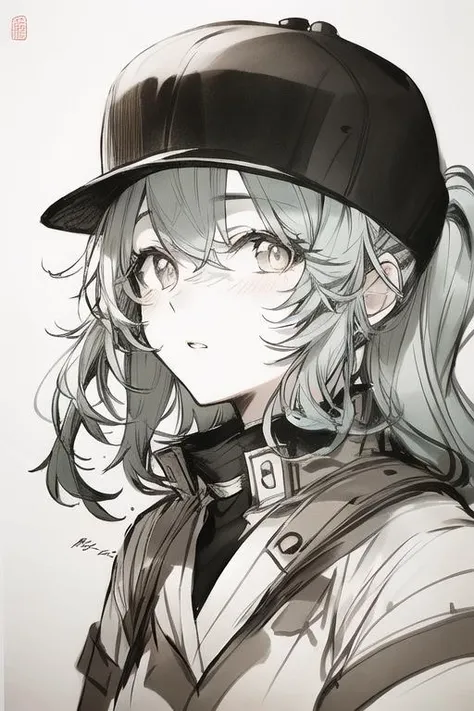 wyy style,wgz style,
a 3d model of a girl with blue hair that is wearing a baseball cap, in the style of commission for, cartoon realism, i can't believe how beautiful this is, detailed shading, rinpa school, 32k uhd, monochromatic palette ,inksketch