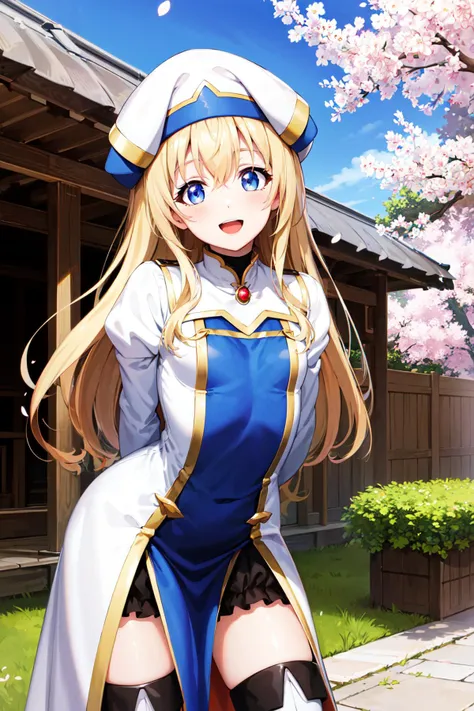 masterpiece, best quality, highres, aapri, long hair, white headwear, small breasts, white dress, puffy sleeves, long sleeves, pelvic curtain, thighhighs, thigh boots, <lora:priestess_(goblin_slayer!)_v1:0.7>, arms behind back, smile, open mouth, standing, cowboy shot, leaning forward, bent over, outdoors, cherry blossoms