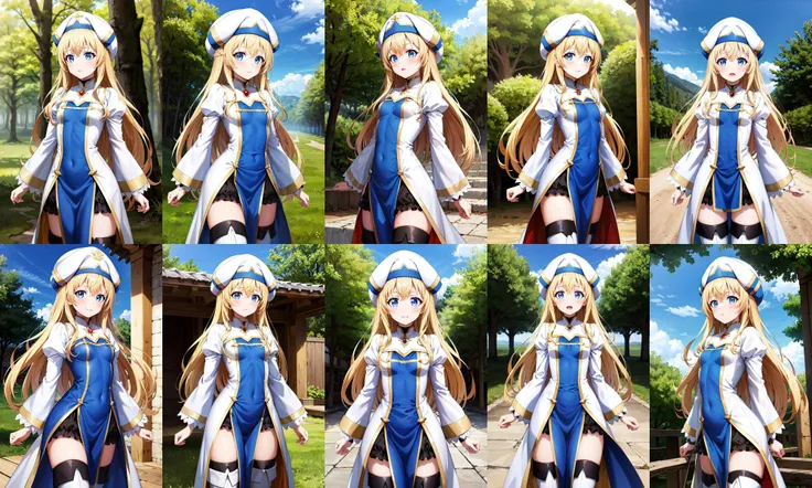 masterpiece, best quality, highres, aapri, long hair, white headwear, small breasts, white dress, puffy sleeves, long sleeves, pelvic curtain, thighhighs, thigh boots, <lora:priestess_(goblin_slayer!)_v1:0.7>, standing, cowboy shot, outdoors