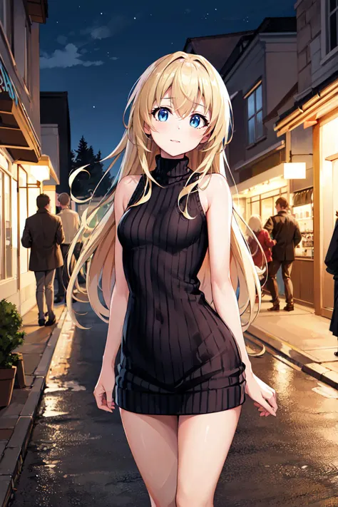 masterpiece, best quality, highres, aapri, long hair, small breasts, <lora:priestess_(goblin_slayer!)_v1:0.7>, sweater dress, ribbed sweater, virgin killer sweater, turtleneck, sleeveless, outdoors, standing, night, street,