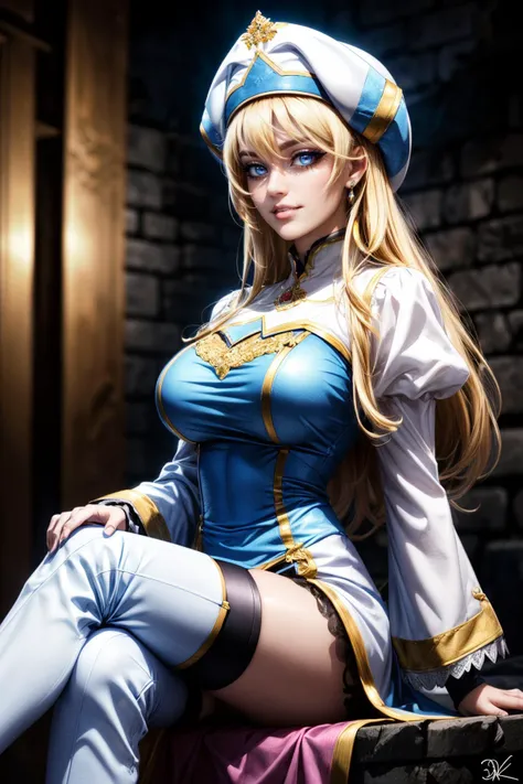 (ultra realistic,32k, masterpiece:1.2),(high detailed skin:1.1),( high quality:1.1),
<lora:priestess_(goblin_slayer!)_v1:0.7>(evil grin, v-shaped eyebrows:1.1),(eyeliner,long lashes, mascara:1.15),aapri, long hair, blonde hair, white headwear, , white dress, puffy sleeves, long sleeves, pelvic curtain, thighhighs, thigh boots, stormkeep citadel, thundering skies, imposing fortress, elemental power (blurry background:1.2),(looking at viewer, sitting, crossed legs:1.1),, huge breast,large breast,<lora:add_detail:0.92>,full body,
(neon pastel light:1.1),