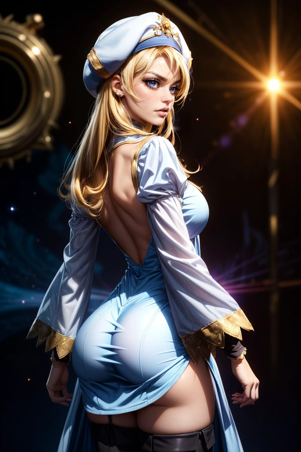 (ultra realistic,32k, masterpiece:1.2),(high detailed skin:1.1),( high quality:1.1),
<lora:priestess_(goblin_slayer!)_v1:0.7>(angry, v-shaped eyebrows:1.1),(eyeliner,long lashes, mascara:1.15),aapri, long hair, blonde hair, white headwear, , white dress, puffy sleeves, long sleeves, pelvic curtain, thighhighs, thigh boots, starfire nexus, celestial convergence, radiant energies, nexus of cosmic power (blurry background:1.2),(from behind,thick ass, looking at viewer, standing,:1.1), backless dress,, huge breast,large breast,<lora:add_detail:0.91>,full body,
(moody lighting:1.1),