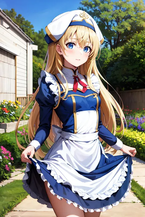 masterpiece, best quality, highres, aapri, long hair, white headwear, small breasts, <lora:priestess_(goblin_slayer!)_v1:0.7>, maid, standing, cowboy shot, garden, skirt hold