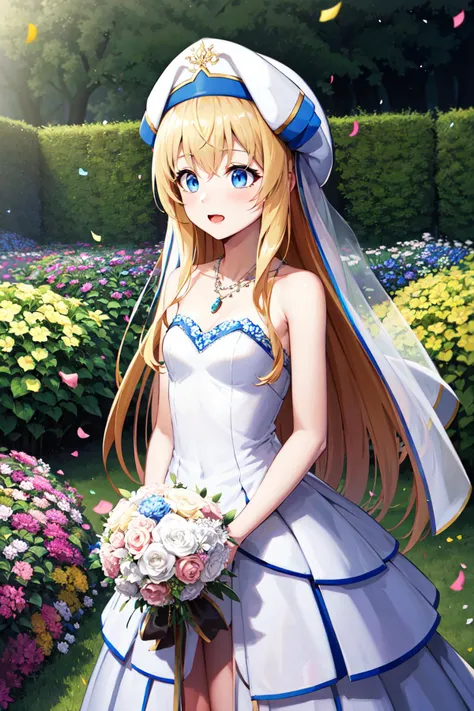 masterpiece, best quality, highres, aapri, long hair, white headwear, small breasts, <lora:priestess_(goblin_slayer!)_v1:0.7>, wedding dress, strapless, necklace, standing, cowboy shot, garden, confetti, holding bouquet,