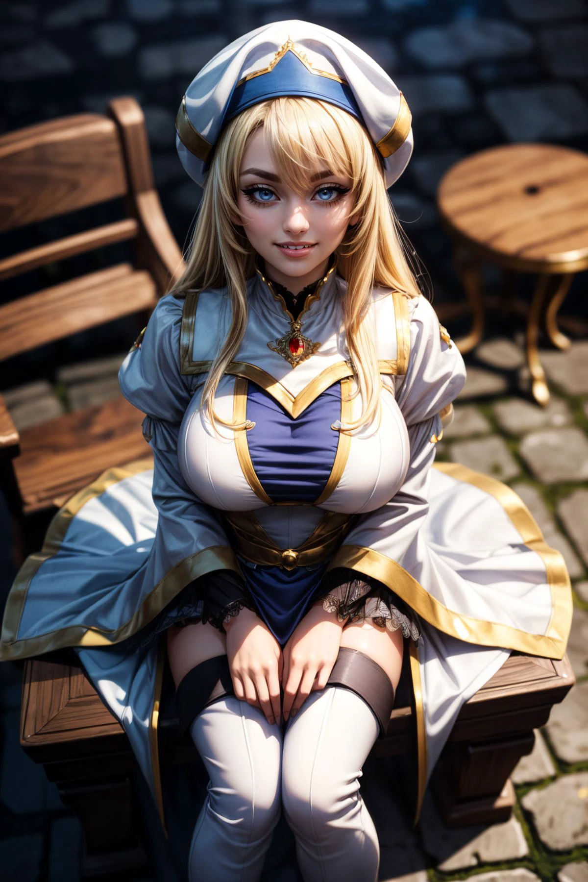 (ultra realistic,32k, masterpiece:1.2),(high detailed skin:1.1),( high quality:1.1),
<lora:priestess_(goblin_slayer!)_v1:0.7>(evil grin, v-shaped eyebrows:1.1),(eyeliner,long lashes, mascara:1.15),aapri, long hair, blonde hair, white headwear, , white dress, puffy sleeves, long sleeves, pelvic curtain, thighhighs, thigh boots, silvermoon citadel, moonlit spires, elegance, seat of power (blurry background:1.2),(looking at viewer, sitting, from above:1.1),, huge breast,large breast,<lora:add_detail:0.97>,full body,
(refraction:1.1),
