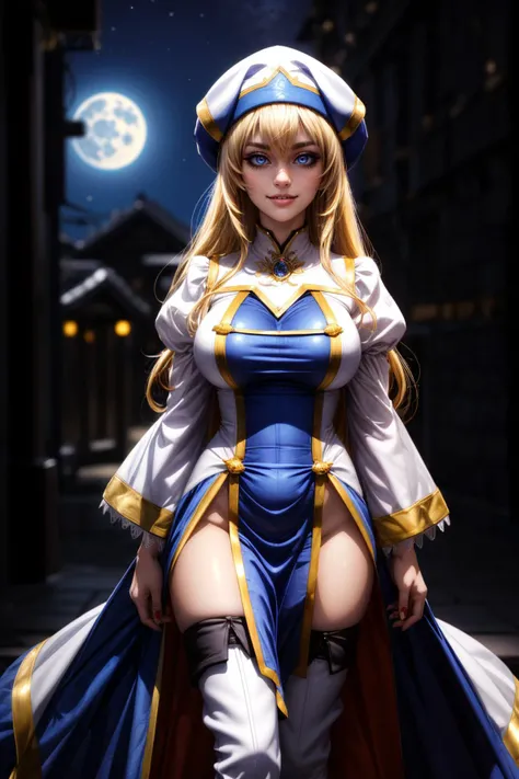 (ultra realistic,32k, masterpiece:1.2),(high detailed skin:1.1),( high quality:1.1),
<lora:priestess_(goblin_slayer!)_v1:0.7>(evil grin, v-shaped eyebrows:1.1),(eyeliner,long lashes, mascara:1.15),aapri, long hair, blonde hair, white headwear, , white dress, puffy sleeves, long sleeves, pelvic curtain, thighhighs, thigh boots, moonshimmer cove, iridescent moonlight, secluded beaches, sanctuary of lunar spirits (blurry background:1.2),(looking at viewer, portrait:1.1),, huge breast,large breast,<lora:add_detail:0.97>,full body,
(soft shaded neon light:1.1),