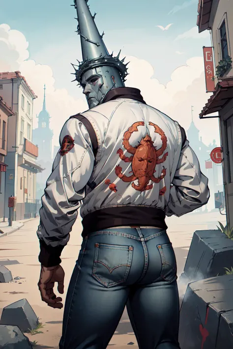 (masterpiece, best quality, absurdres, 4k, aesthetic, detailed, intricate),from behind,penitentonedef,helmet,stone face,faceless,solo,jeans,(print jacket, white jacket),looking back <lora:drivejacket-outfit-richy-v1:0.8> <lora:sppenitentOne:1>