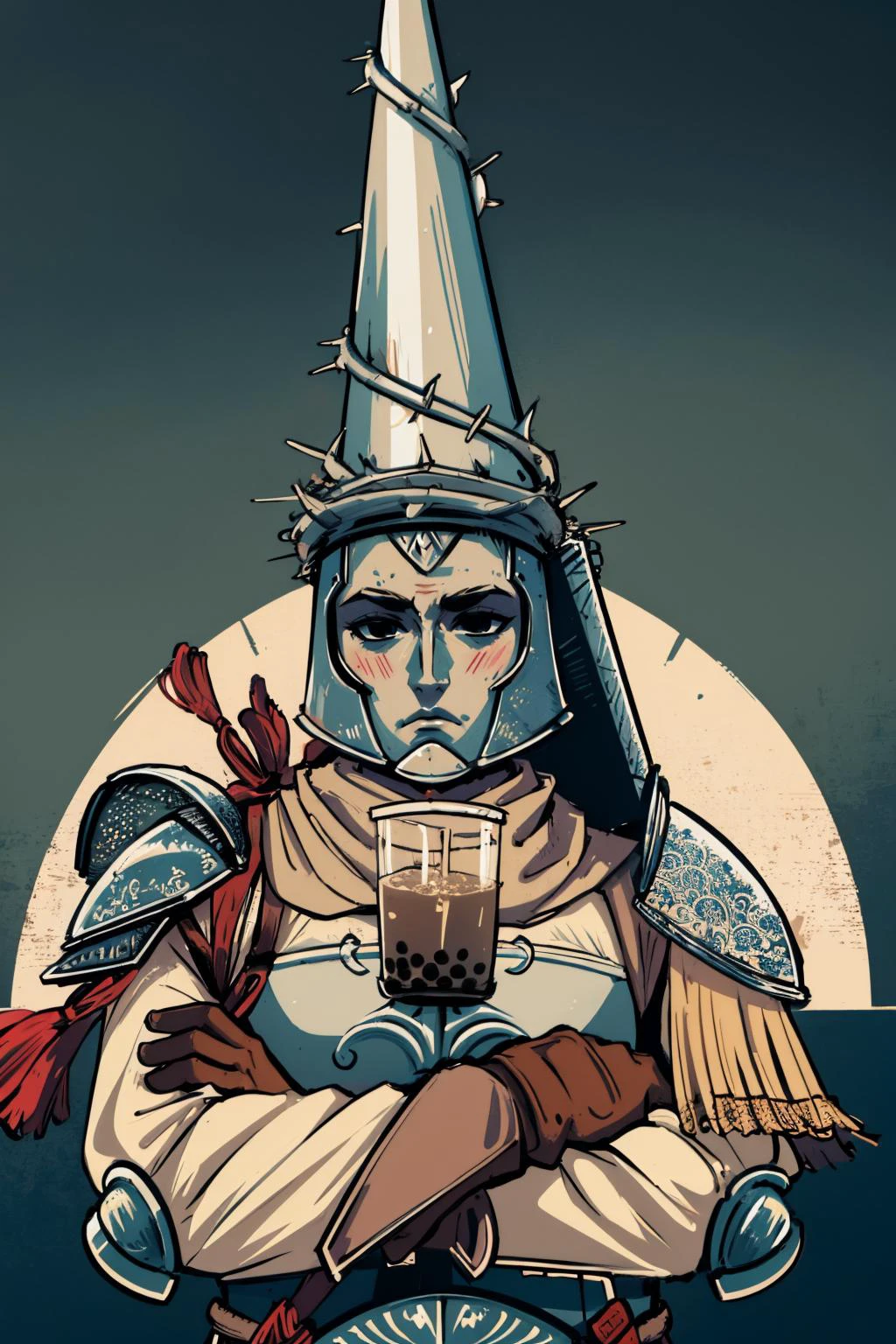 masterpiece, best quality, <lora:sppenitentOne-08:1> penitentonedef, helmet, mask, stone face, faceless, armor, full armor, shoulder armor, brown gloves <lora:concept_bubbleteachallenge-16:1> bubble tea challenge, drinking straw, crossed arms