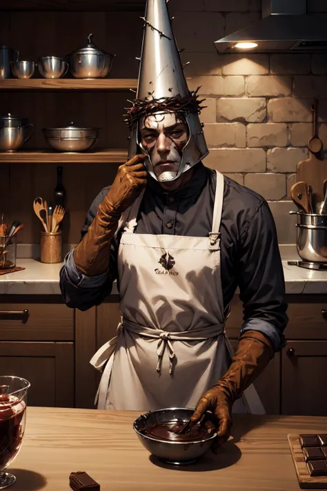 (masterpiece, best quality, 4k, detailed, intricate, realistic:1.3, photo),IncrsChocoMaker,penitentonedef,male focus,helmet, stone face, faceless, brown gloves,apron, food on face, kitchen, chocolate on body <lora:ChocolateMaking:1> <lora:sppenitentOne-08:0.8>