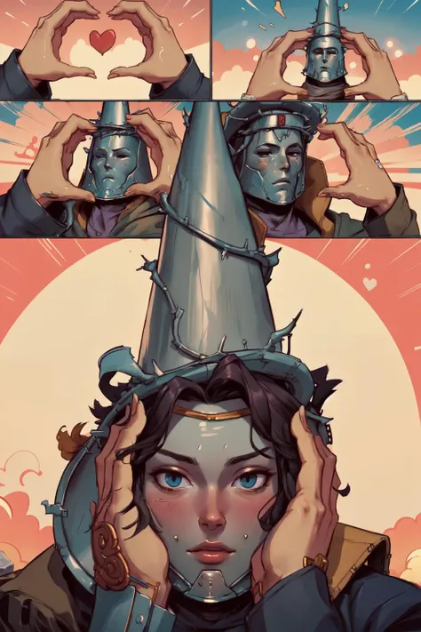 (masterpiece,best quality,absurdres,beautiful,aesthetic,detailed),comic,pov hands,1boy,helmet, stone face, faceless, <lora:sppenitentOne:1> penitentonedef, <lora:SnootChallenge:1> incrssnootchallenge