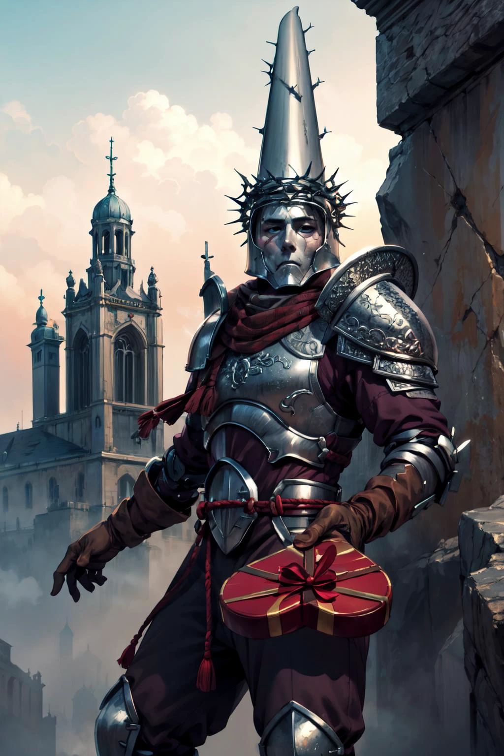 (masterpiece, best quality, 4k, detailed, intricate, realistic), IncrsGift,incoming gift, helmet, penitentonedef,((stone face, faceless)), armor, full armor, shoulder armor, brown gloves <lora:IncomingValentineGiftPOVOneHandV3:0.8> <lora:sppenitentOne:0.8>