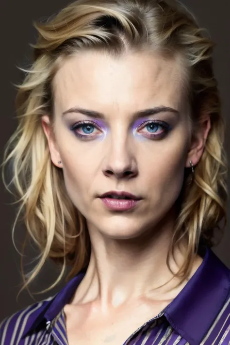 portrait photo of ntl,(purple and blue striped shirt), (dirty blonde hair), alluring portrait, intricate, highly detailed, digital painting, artstation, concept art, naughty, sharp focus, cinematic lighting, illustration, art by artgerm and greg rutkowski, alphonse mucha, cgsociety,<lyco:NatalieD-RealVision-V1.0:1.0>