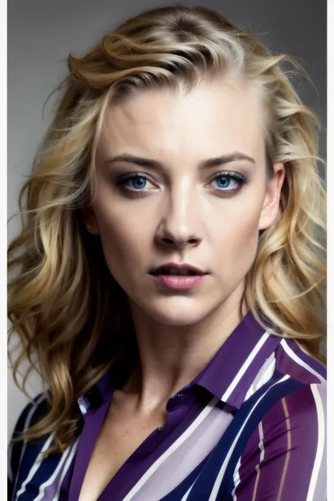 portrait photo of ntl,(purple and blue striped shirt), (dirty blonde hair), alluring portrait, intricate, highly detailed, digital painting, artstation, concept art, naughty, sharp focus, cinematic lighting, illustration, art by artgerm and greg rutkowski, alphonse mucha, cgsociety,<lyco:NatalieD-RealVision-V1.0:1.0>