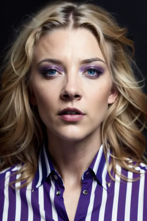 portrait photo of ntl,(purple and blue striped shirt), (dirty blonde hair), alluring portrait, intricate, highly detailed, digital painting, artstation, concept art, naughty, sharp focus, cinematic lighting, illustration, art by artgerm and greg rutkowski, alphonse mucha, cgsociety,<lyco:NatalieD-RealVision-V1.0:1.0>