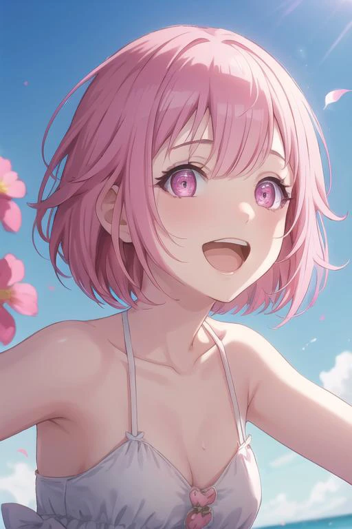 (best quality:1.1), (masterpiece:1.4), (absurdres:1.0), portrait, close up,
1girl, momo velia deviluke, hair ornament, bob cut, short hair pink hair, purple eyes, medium breasts, looking at viewer, (blush:1.2), smile, green bikini, ocean