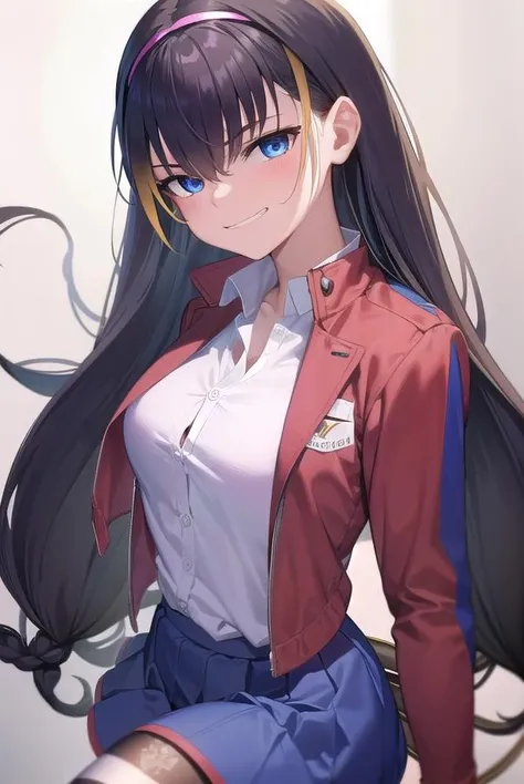 lessar, <lora:lessar-lora-nochekaiser:1>,
lessar, black hair, blue eyes, demon tail, hairband, long hair, mechanical tail, multicolored hair, tail, <lora:smirkingeye_v100:1>, <lora:talkmouth_I_v100:1>,
BREAK jacket, skirt, striped, striped thighhighs, thighhighs, shirt, white shirt, blue skirt, zettai ryouiki, blue sleeves, red sleeves,
BREAK looking at viewer, full body,
BREAK outdoors,
BREAK <lyco:GoodHands-beta2:1>, (masterpiece:1.2), best quality, high resolution, unity 8k wallpaper, (illustration:0.8), (beautiful detailed eyes:1.6), extremely detailed face, perfect lighting, extremely detailed CG, (perfect hands, perfect anatomy),