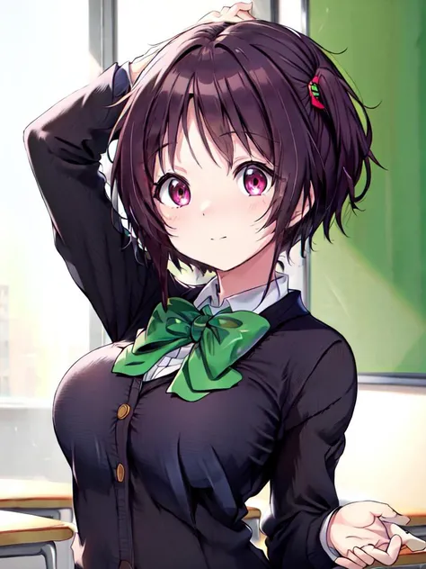 masterpiece, best quality, large breasts, <lora:kuminTsuyoriChNibyDemoKoi_v10:0.5>, KuminWaifu, school uniform, school background