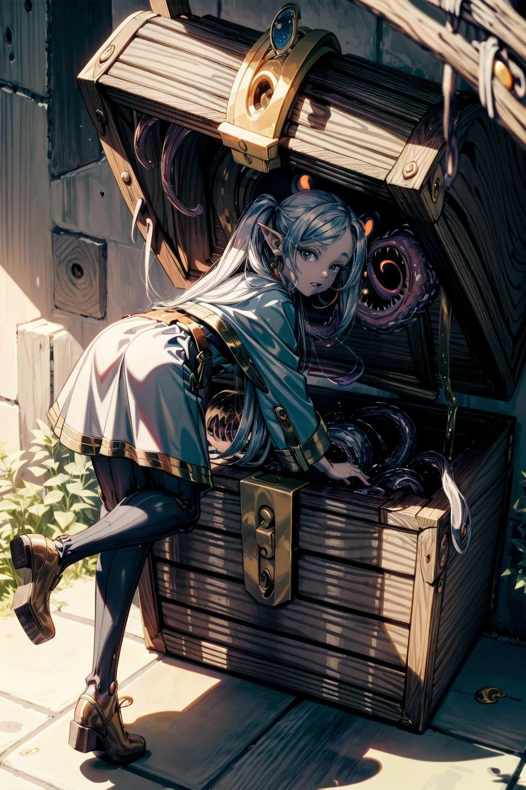 (best quality), (masterpiece),(ultra-detailed:1.2),
<lora:furi-renn:0.85> 1girl,robe,
<lora:mimico-20:0.9>,mimico, ( treasure chest:1.2),(teeth:1.2) ,tentacles,monster chest,
<lora:stuck_in_washing_machine_v0.1:0.85> stuck,washing machine,bent over, from behind, looking back,
cave,dungeon,
<lora:flat2:-0.2>,